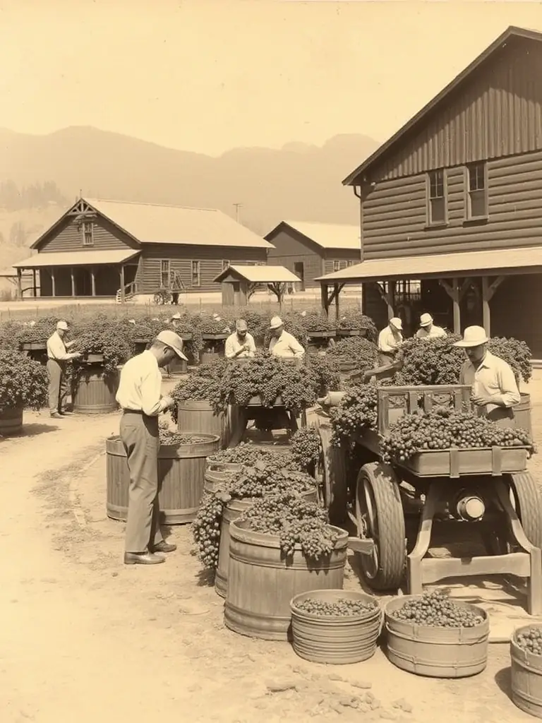 A vintage photograph of a Canadian winery in the Okanagan Valley during the early 20th century, showcasing the traditional winemaking process.