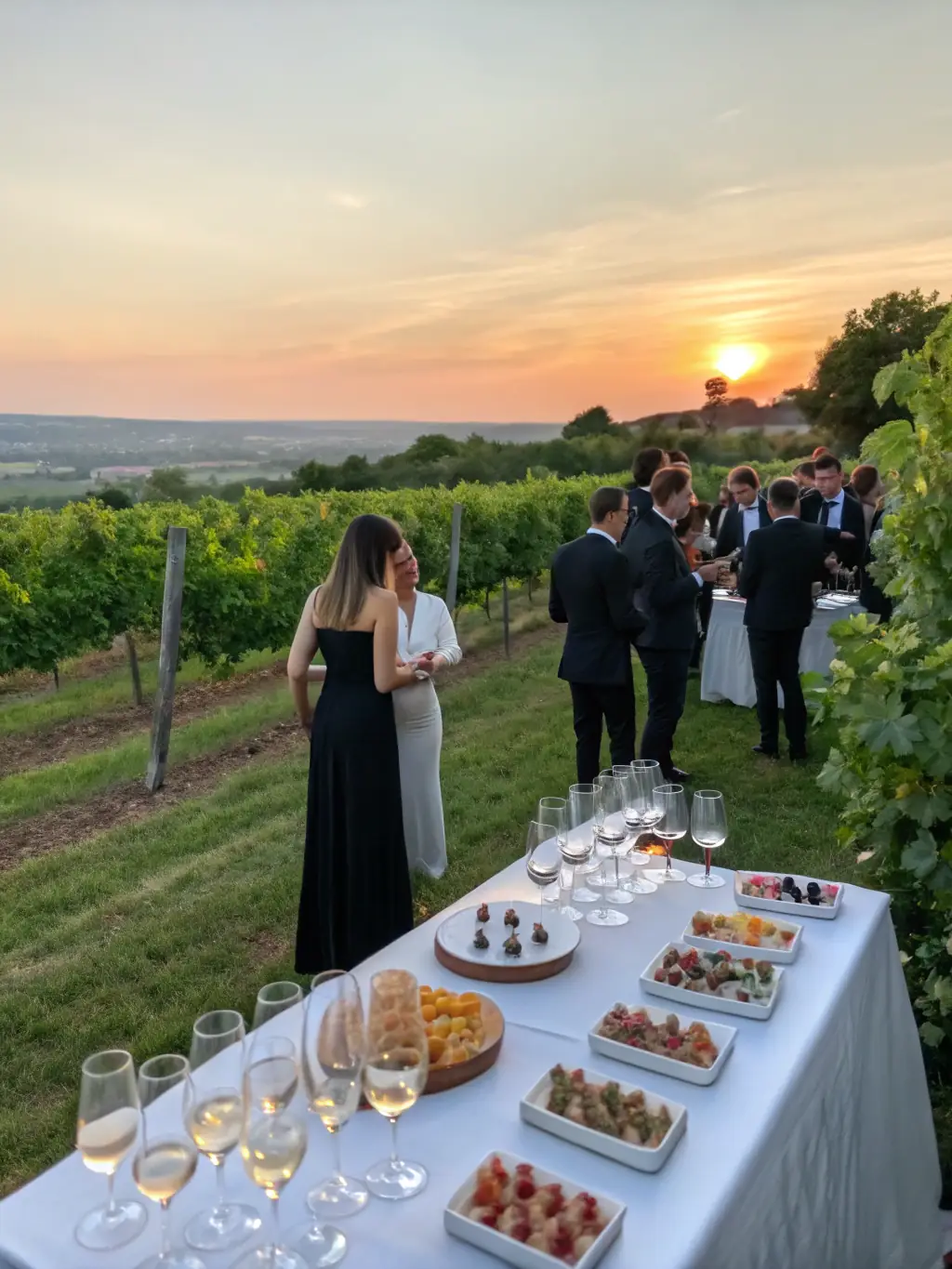 A modern image of a wine tasting event at a Niagara-on-the-Lake winery, featuring people sampling different wines and enjoying the vineyard scenery.