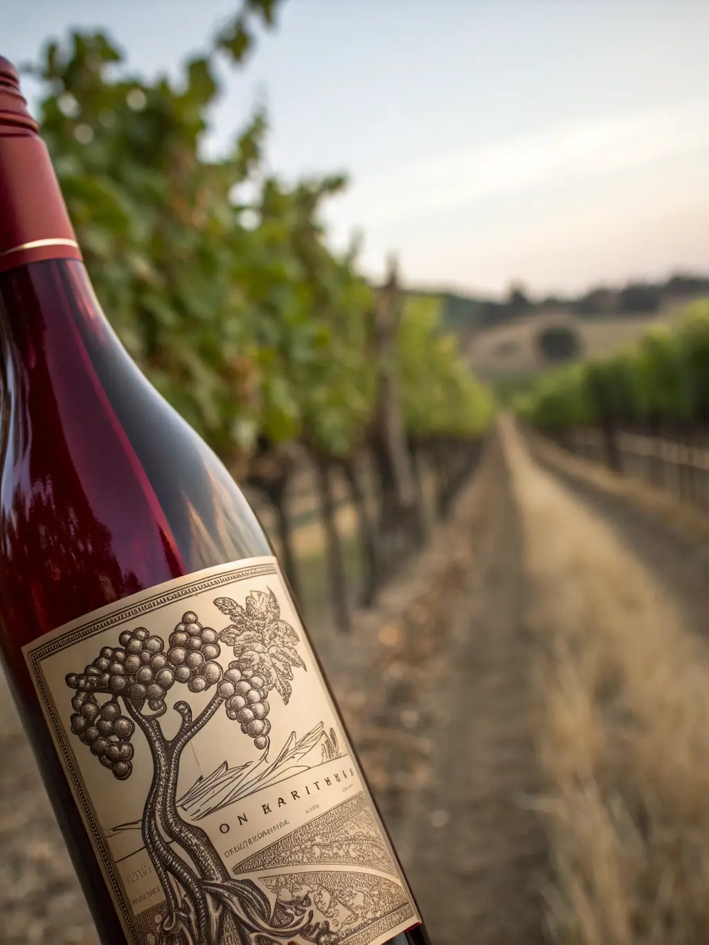 A bottle of robust Niagara Peninsula Cabernet Franc, with a deep red hue, displayed on a rustic wooden table in a dimly lit cellar.