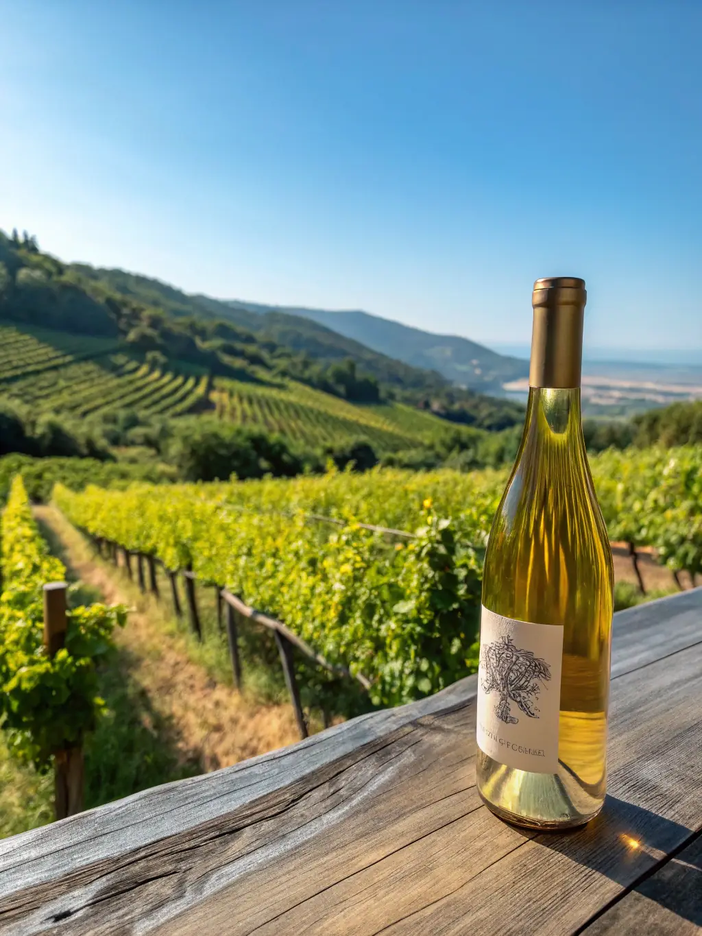 A bottle of crisp Okanagan Valley Pinot Grigio, condensation forming on the glass, set against a backdrop of rolling vineyards under a bright summer sky.