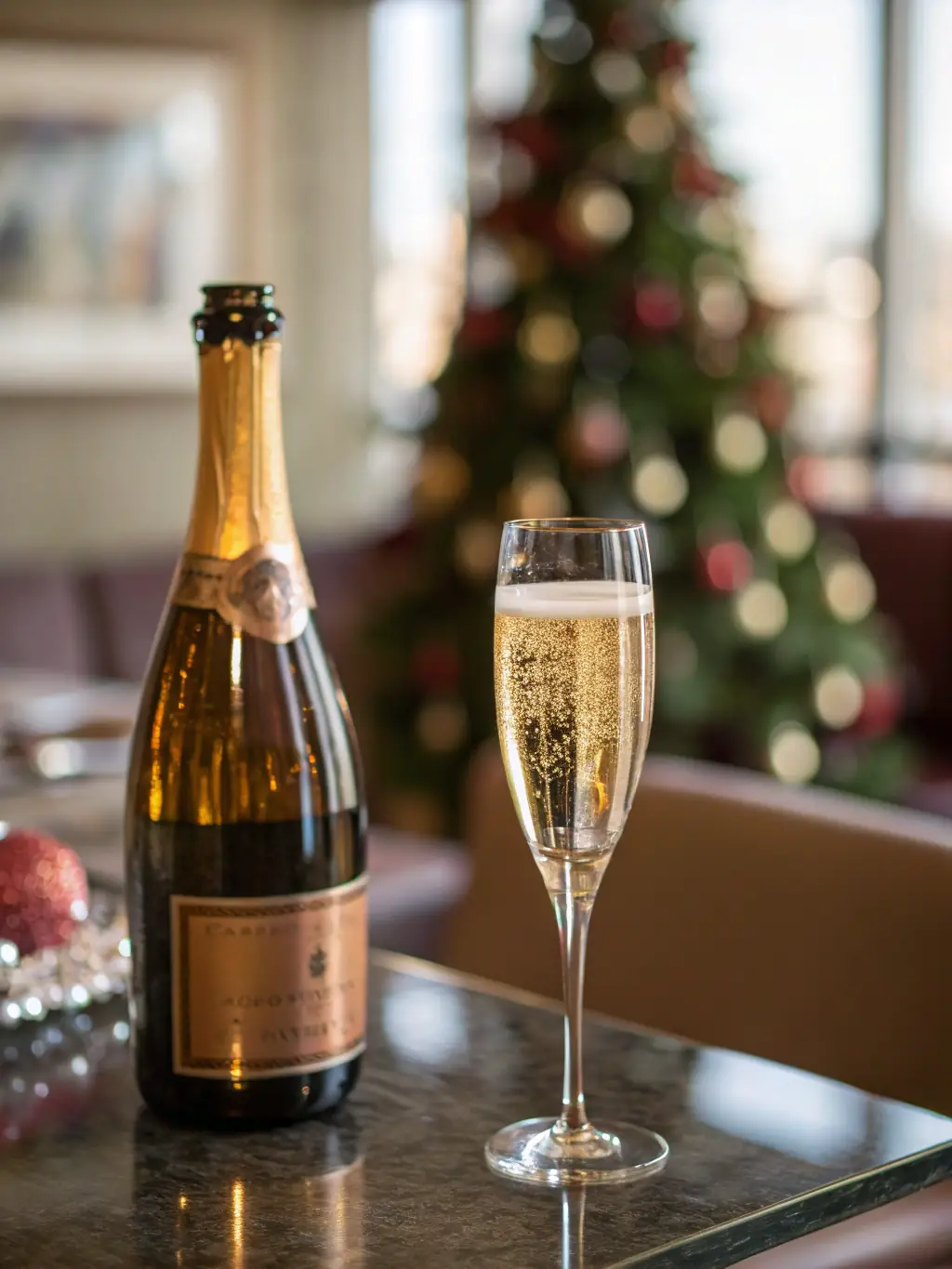 A bottle of sparkling Nova Scotia wine, bubbles rising elegantly, presented on a silver tray during a celebratory event.