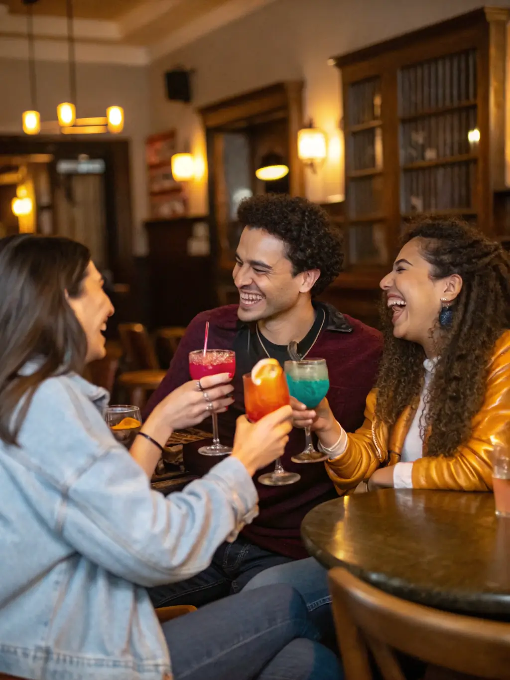 A group of people laughing and enjoying wine at a tasting event, set in a modern wine bar.