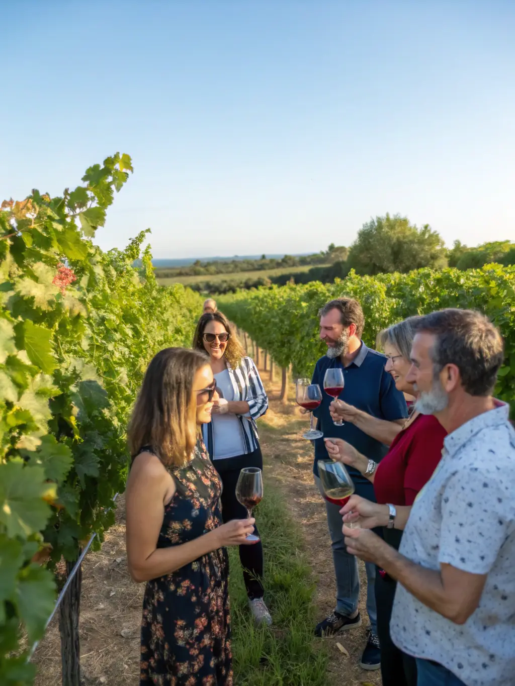 A photograph of a wine tasting event at a vineyard, showcasing people sampling different wines with a sommelier explaining the notes.