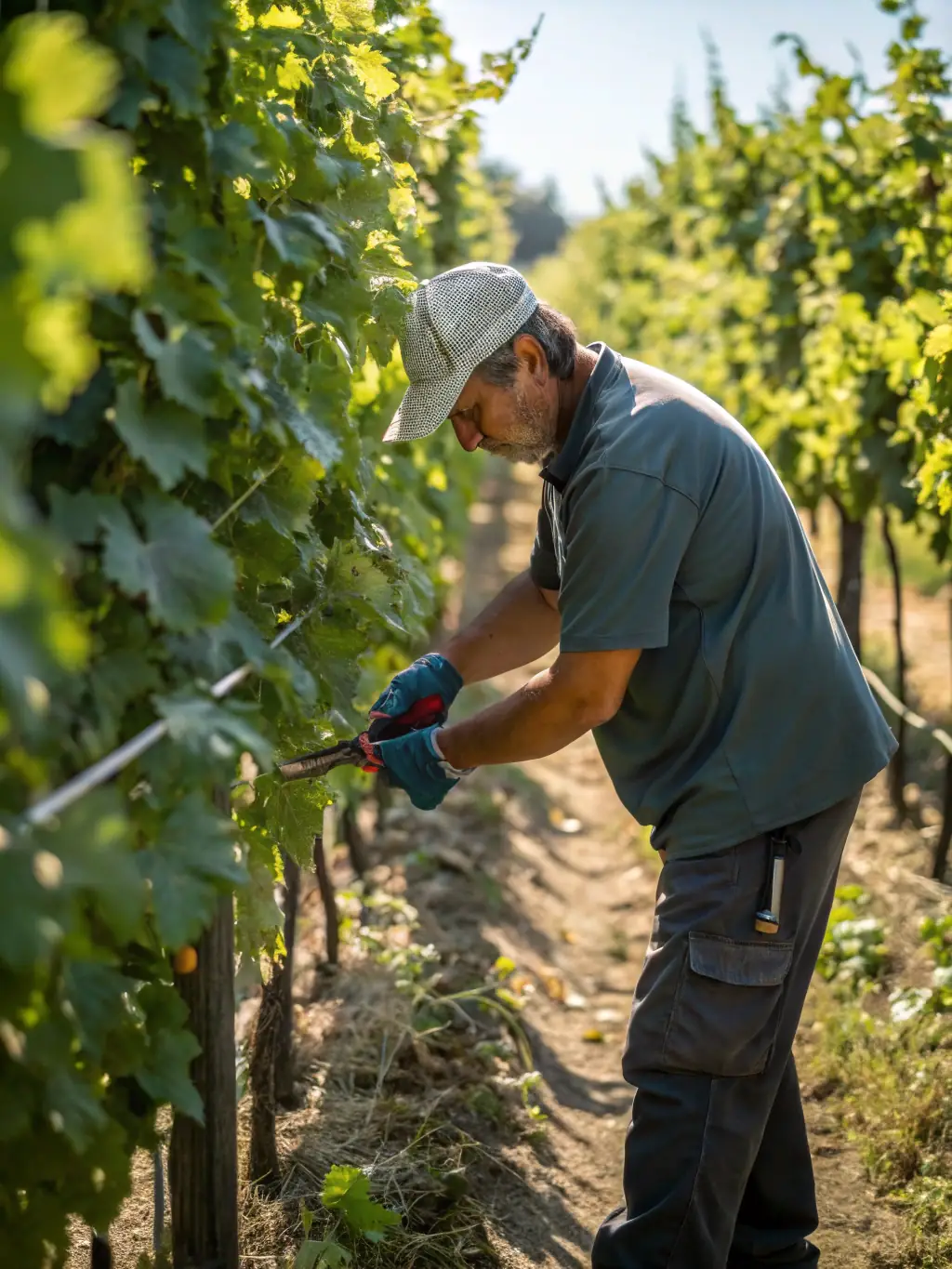 A scenic view of a Canadian vineyard during harvest season, with workers picking grapes.