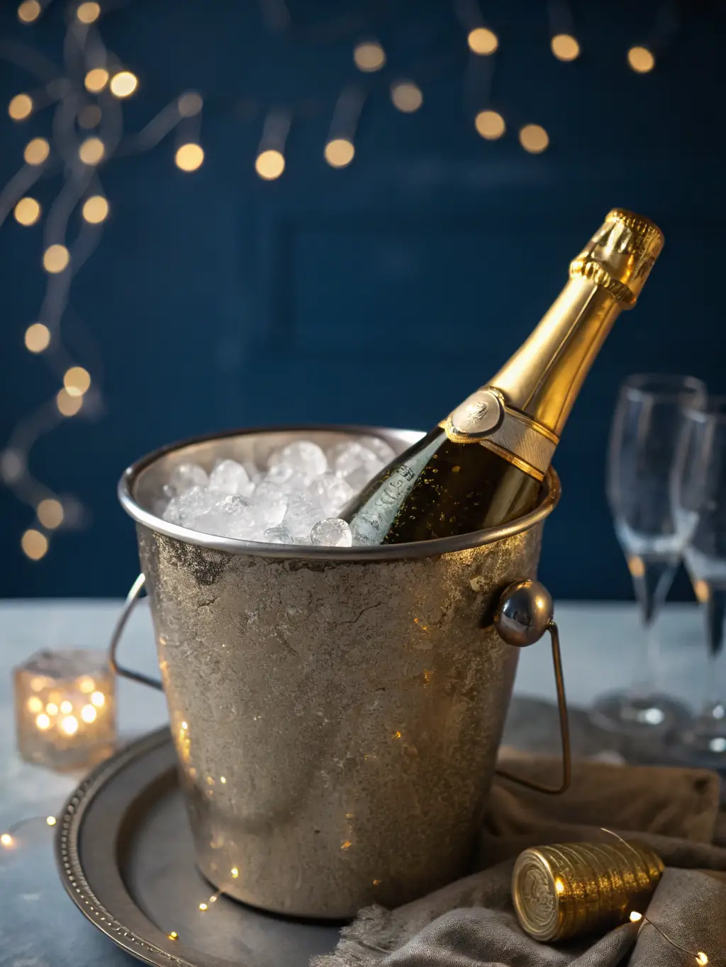 A bottle of ice wine from Quebec, its golden colour shimmering, placed on a snow-covered surface with frozen grapes nearby.